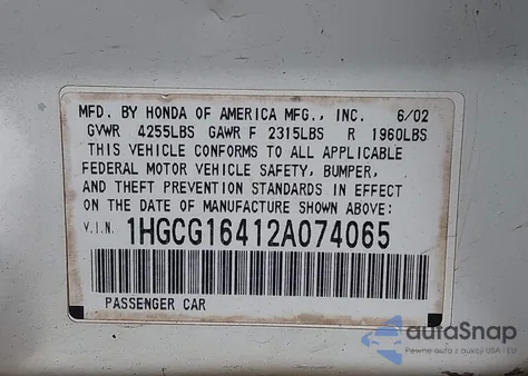 2002 Honda Accord 3.0 Lx из США, поврежденный, VIN 1HGCG16412A074065